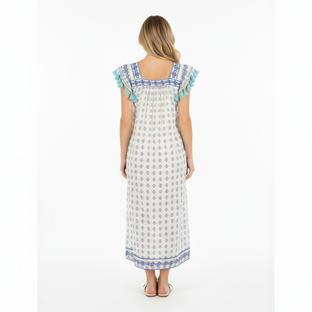 Maxi Sandrine Womens Dress Navy Aqua Dobby Embroidery
