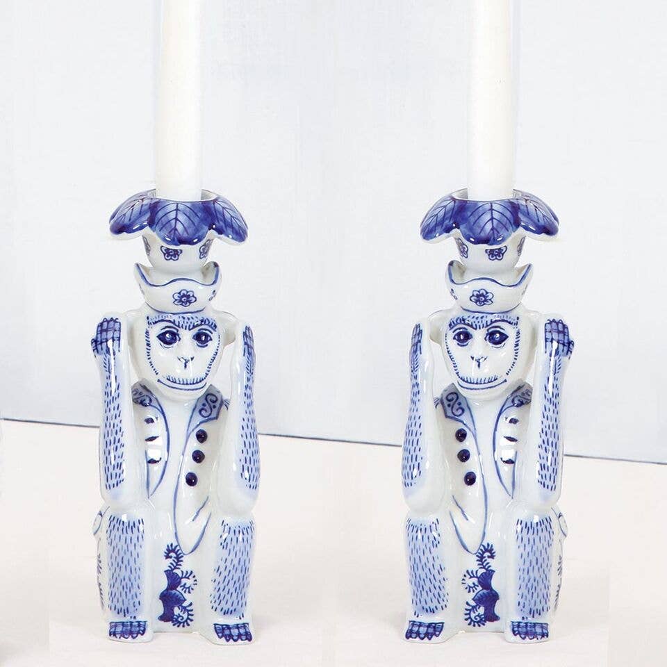 8 Oak Lane Blue Chinoiserie Monkey Candlestick Set - Little Birdies