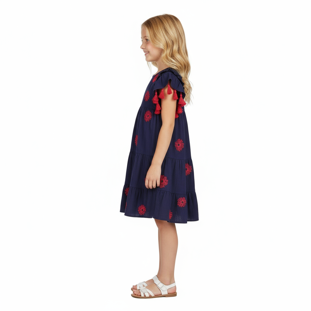 Sophie Girls Tassel Dress Navy Embroidery