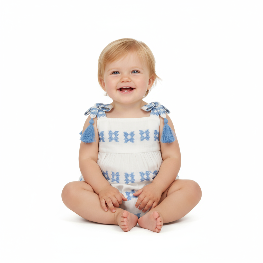 Zoe Baby Romper White Blue Embroidery