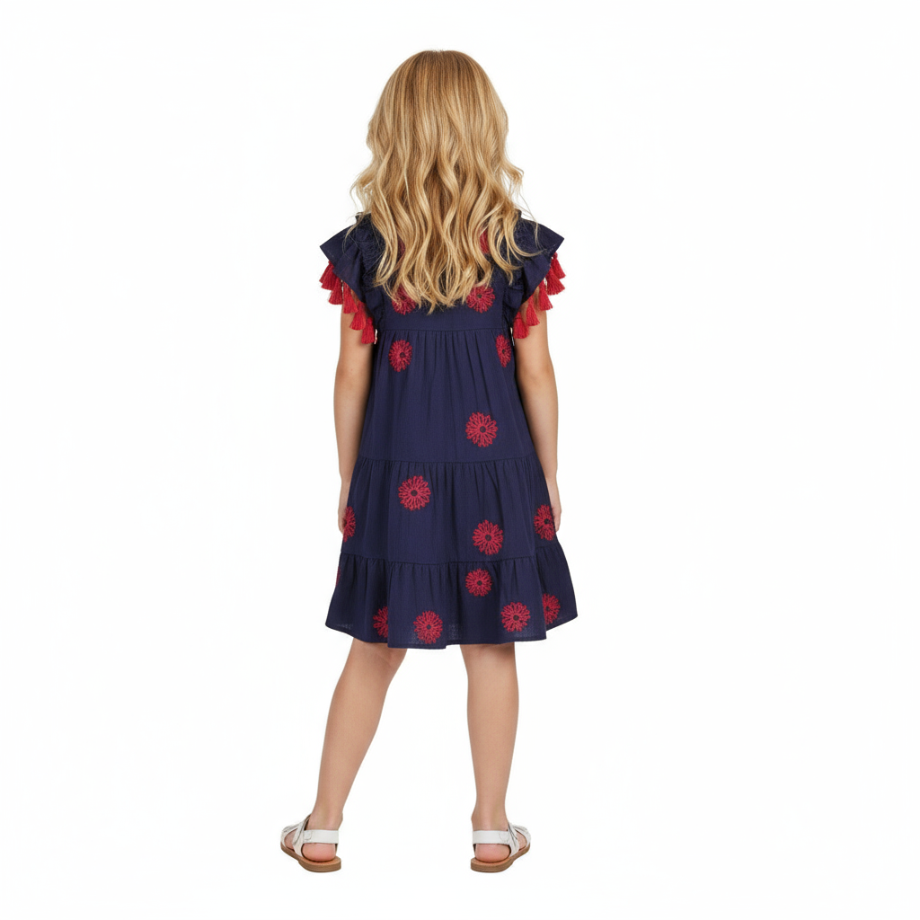 Sophie Girls Tassel Dress Navy Embroidery