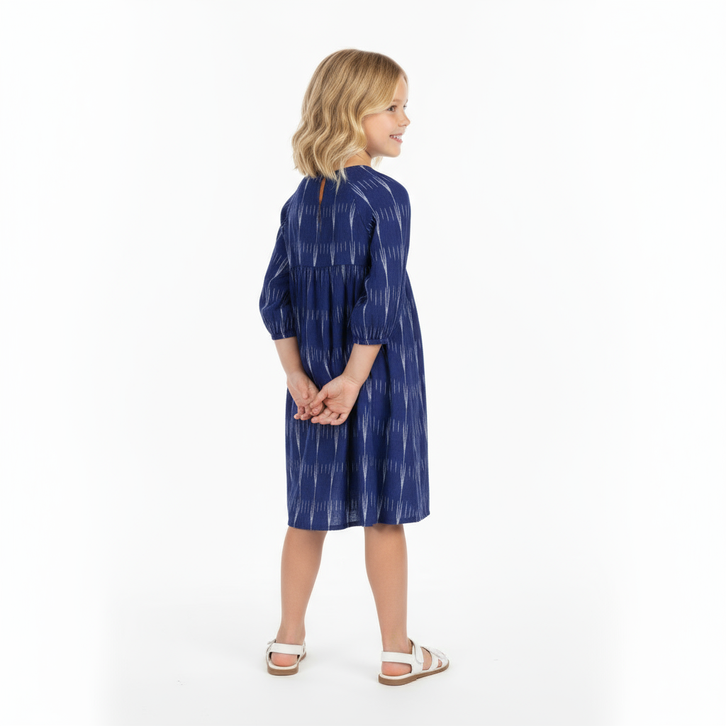 Sara Girl's Popover Dress Indigo Ikat