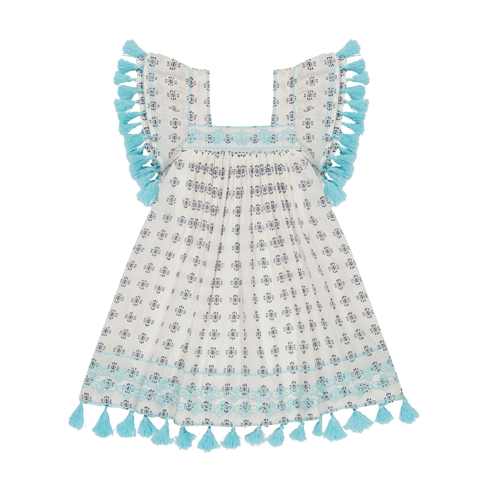 Serena Girls Tassel Dress Navy Aqua Dobby