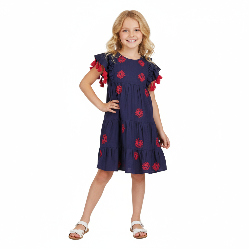 Sophie Girls Tassel Dress Navy Embroidery