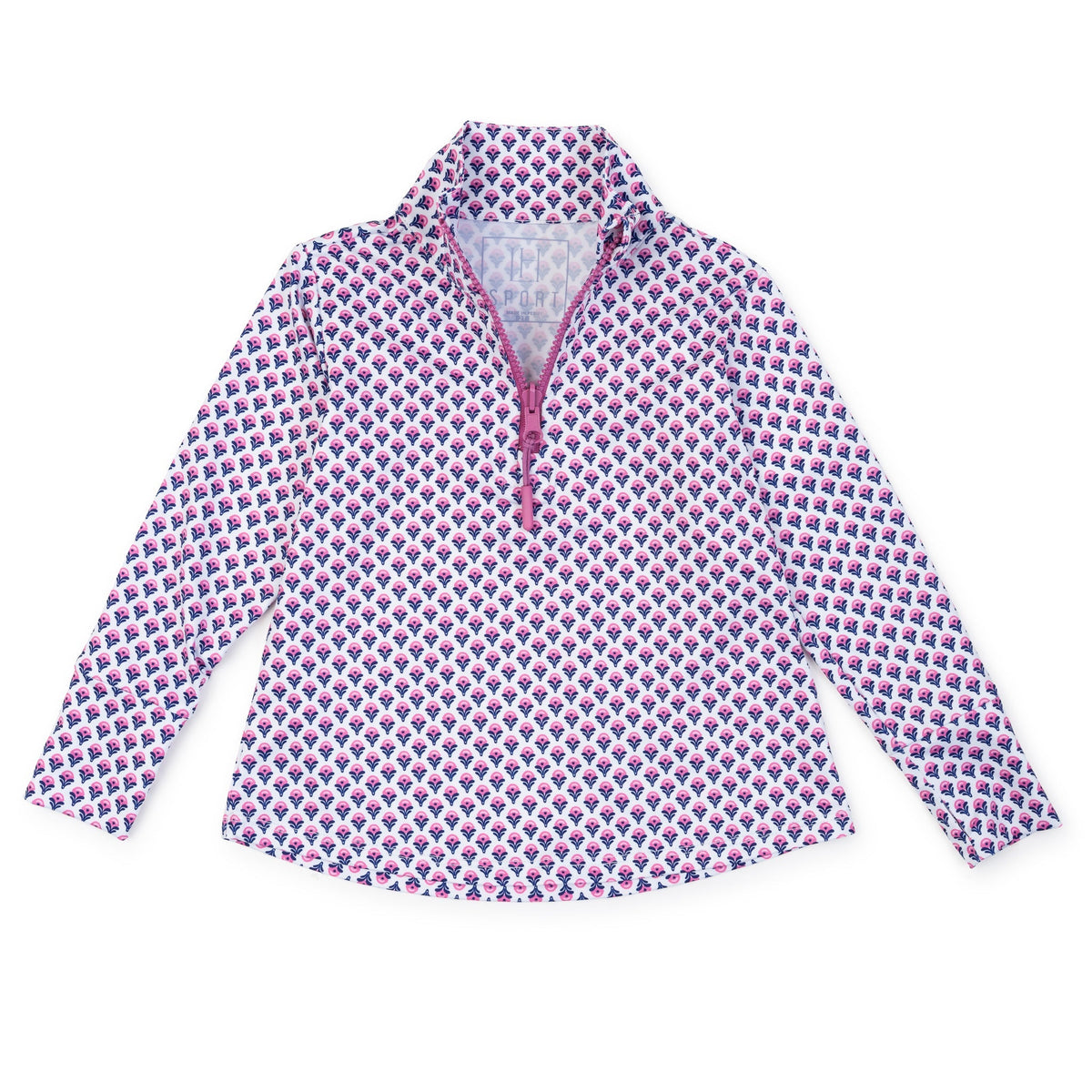 A long-sleeve quarter-zip pullover jacket with a repeating pattern of purple and pink ice cream cones on a white background, featuring a pink zipper and collar. Lila Hayes Blair Girls' Performance Pullover by LH Sport - Boho Flora Hot Pink Navy - Little Birdies luxury childrens wear company