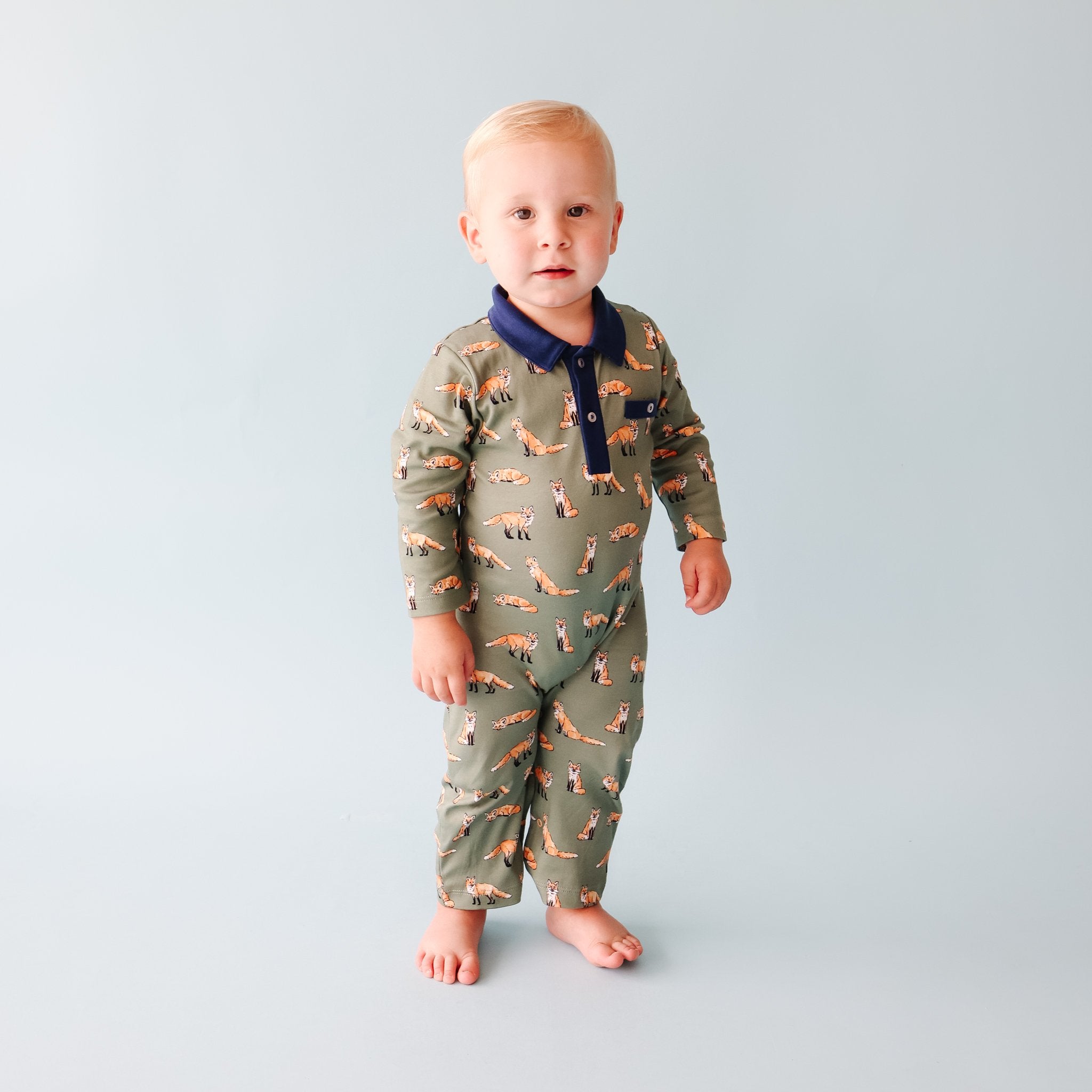 Pineapple Sunshine Hunter Green Fox Collared Romper