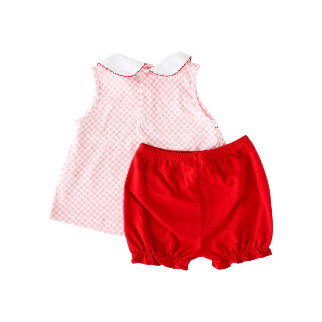 Pineapple Sunshine Pink Gingham Strawberry Smocked Bloomer Set
