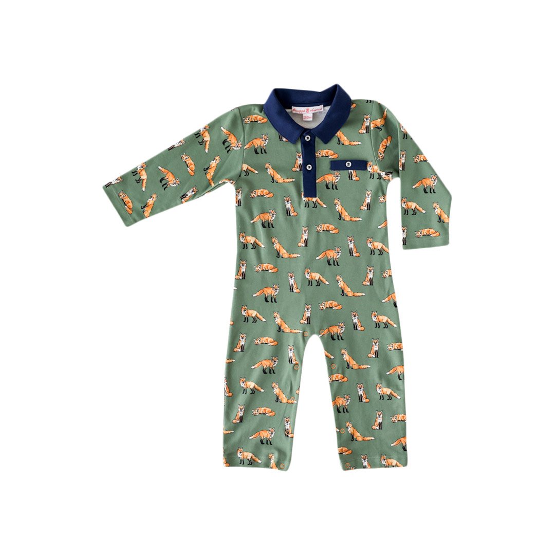 Pineapple Sunshine Hunter Green Fox Collared Romper