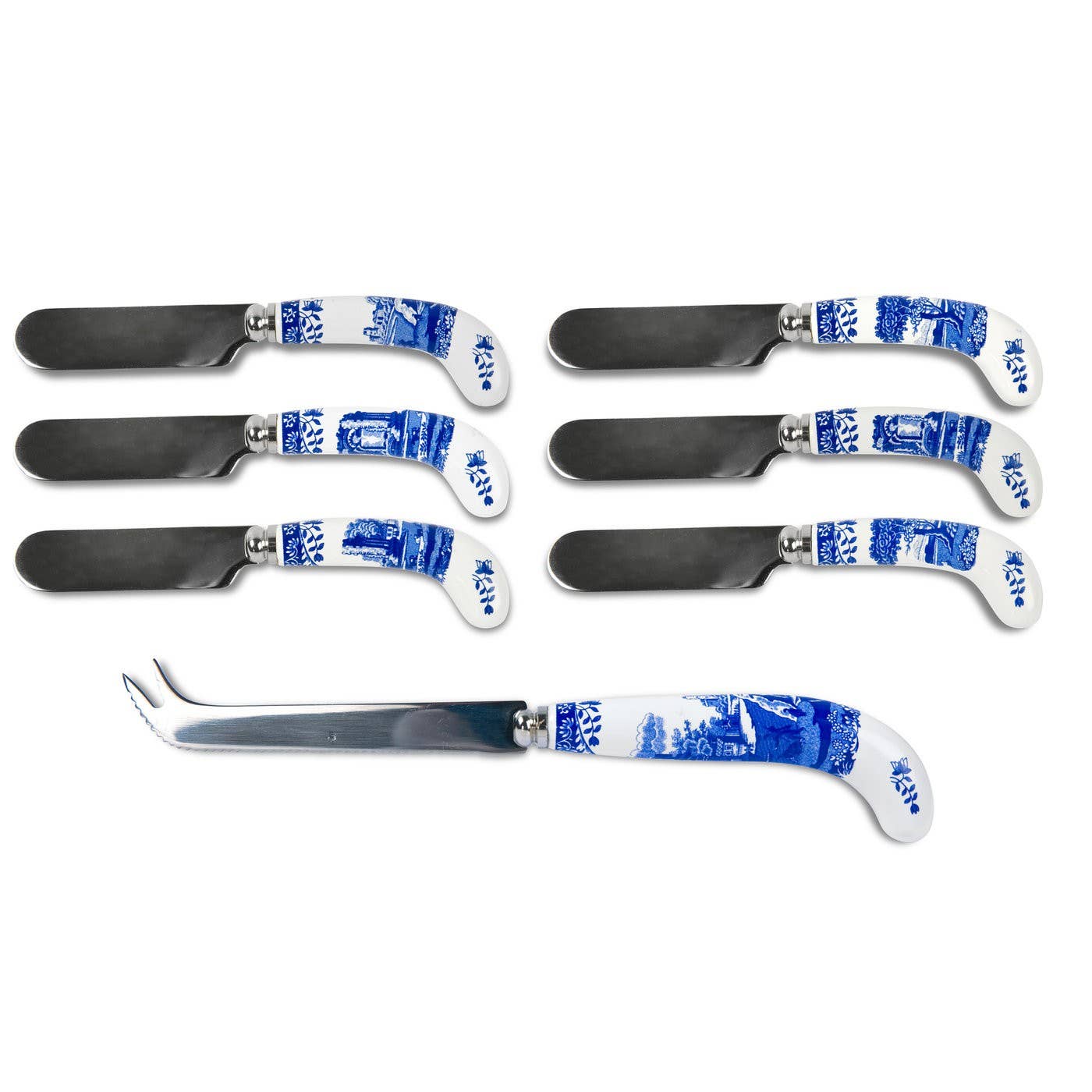 Spode Blue Italian Cheese Knife & 6 Spreaders - Little Birdies