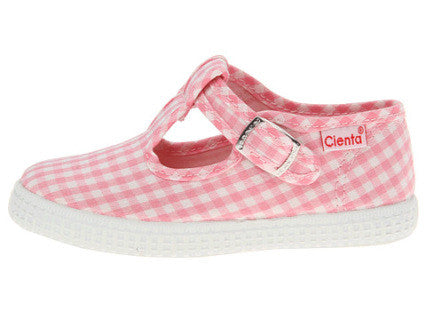 Cienta Shoes Pink Gingham T-Strap Sneaker - Little Birdies