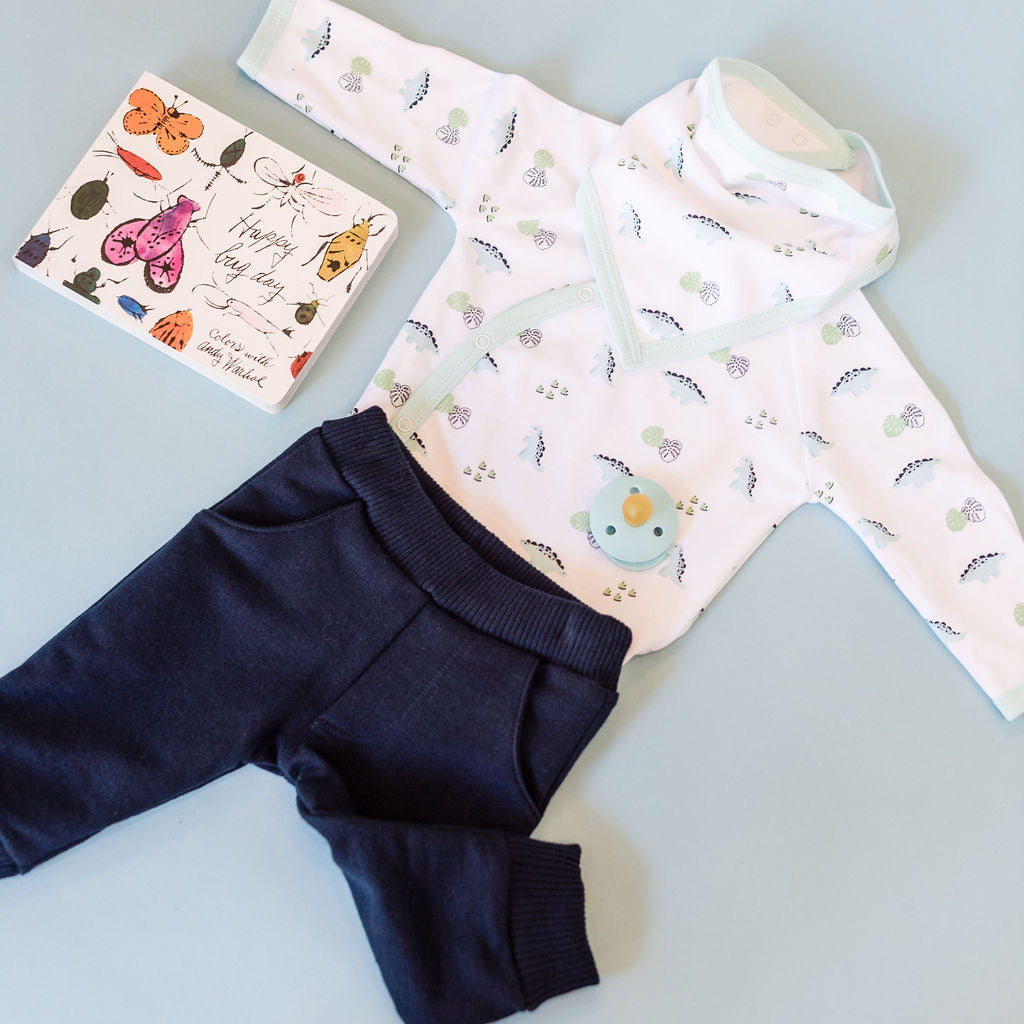Pineapple Sunshine Dino Print onesie and navy jogger