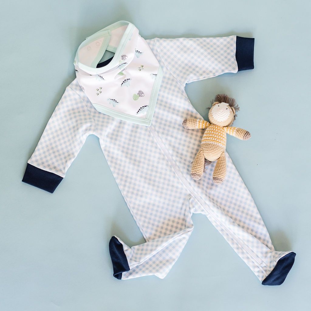 Pineapple sunshine blue gingham footie and dino bandana scarf