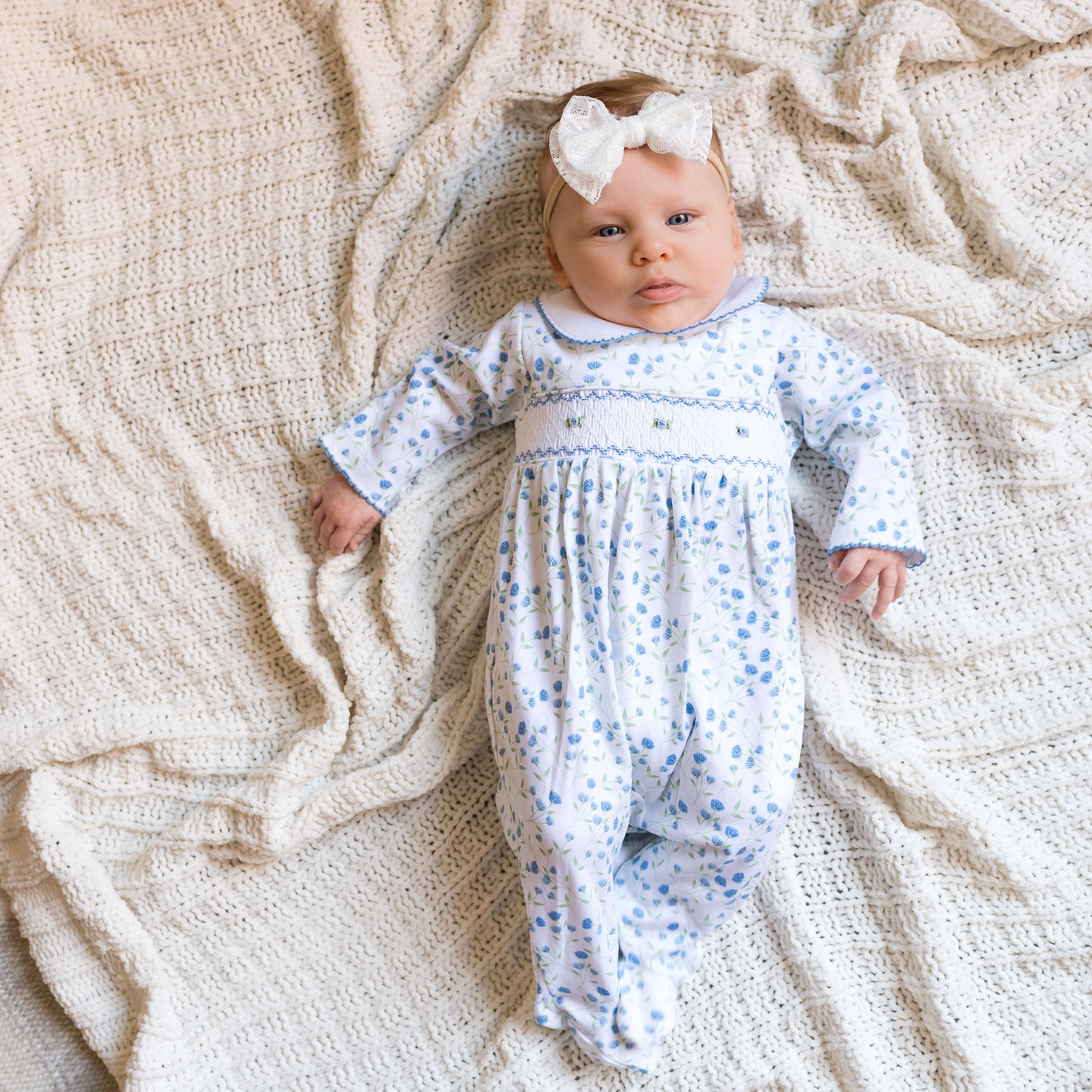 Arabella Blue Floral Smocked Footie