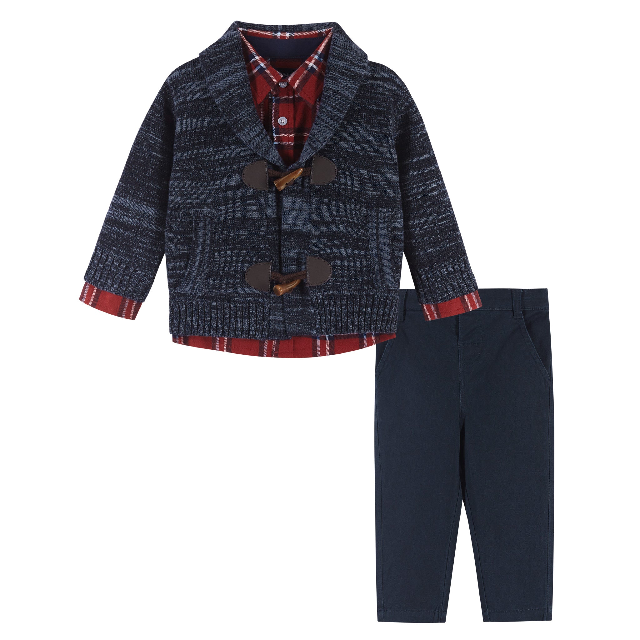 Andy & Evan boys 3-Piece Marbled Navy Toggle Cardigan Sweater Set - little birdies