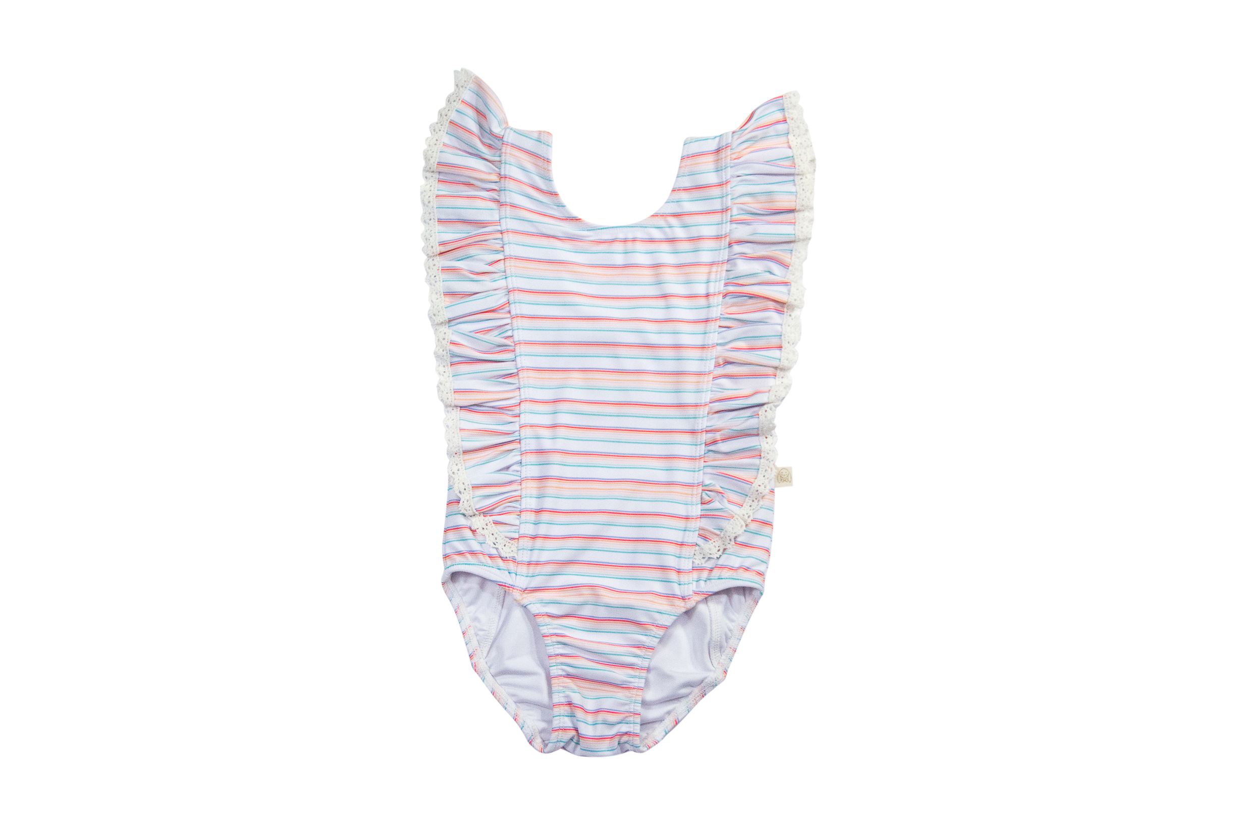Rosie Ruffle Swimsuit- Retro Rainbow Stripe