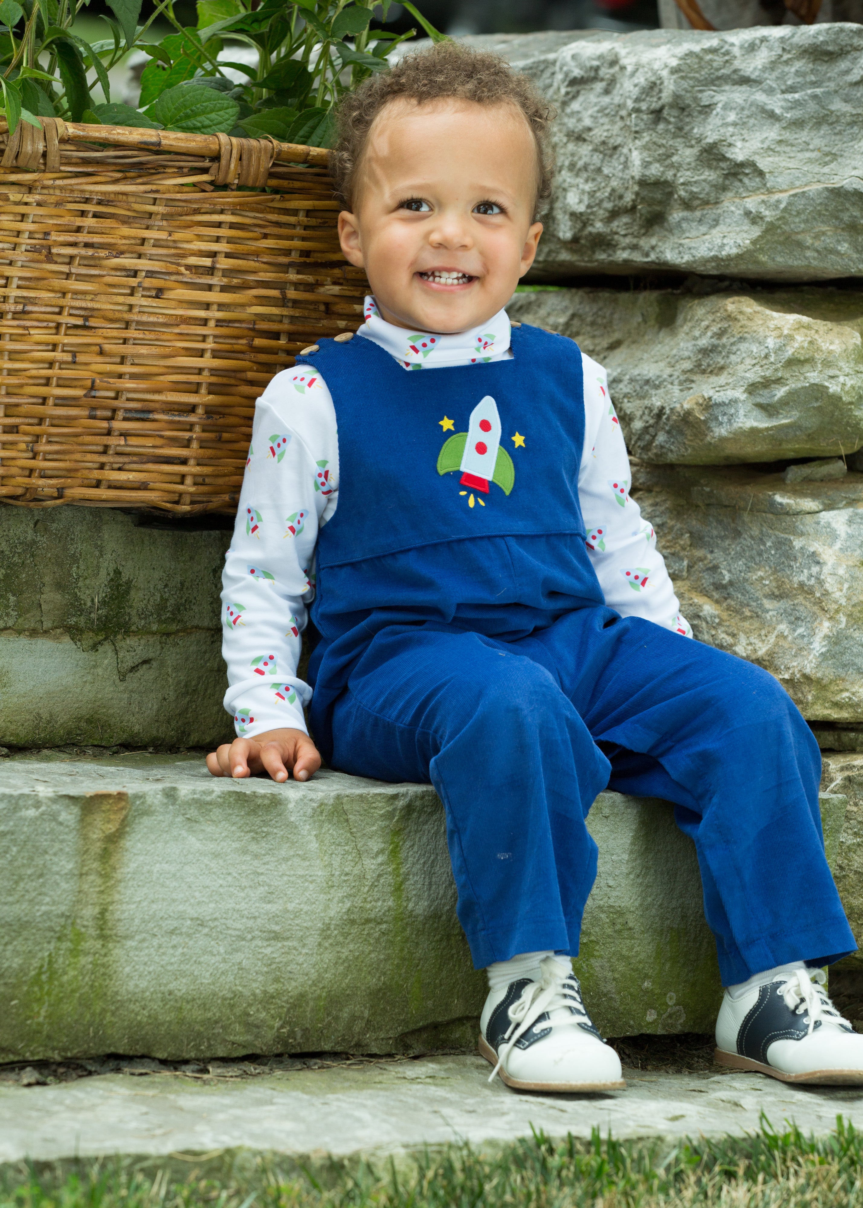little english rocket applique overall