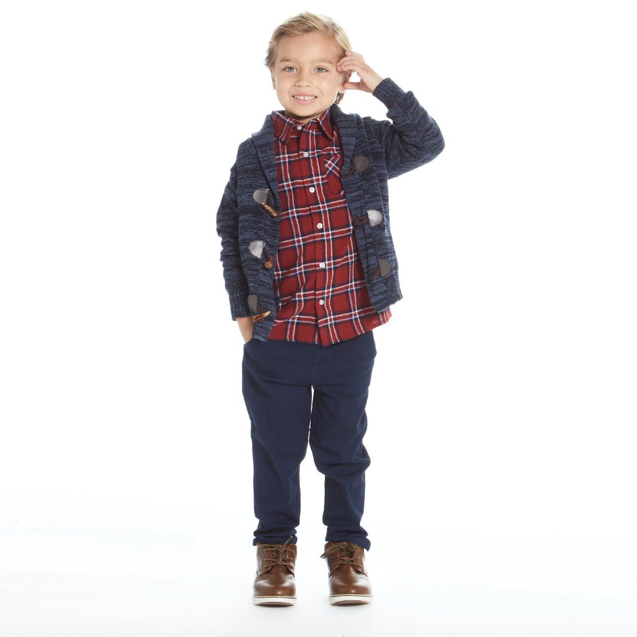 Andy & Evan boys 3-Piece Marbled Navy Toggle Cardigan Sweater Set - little birdies