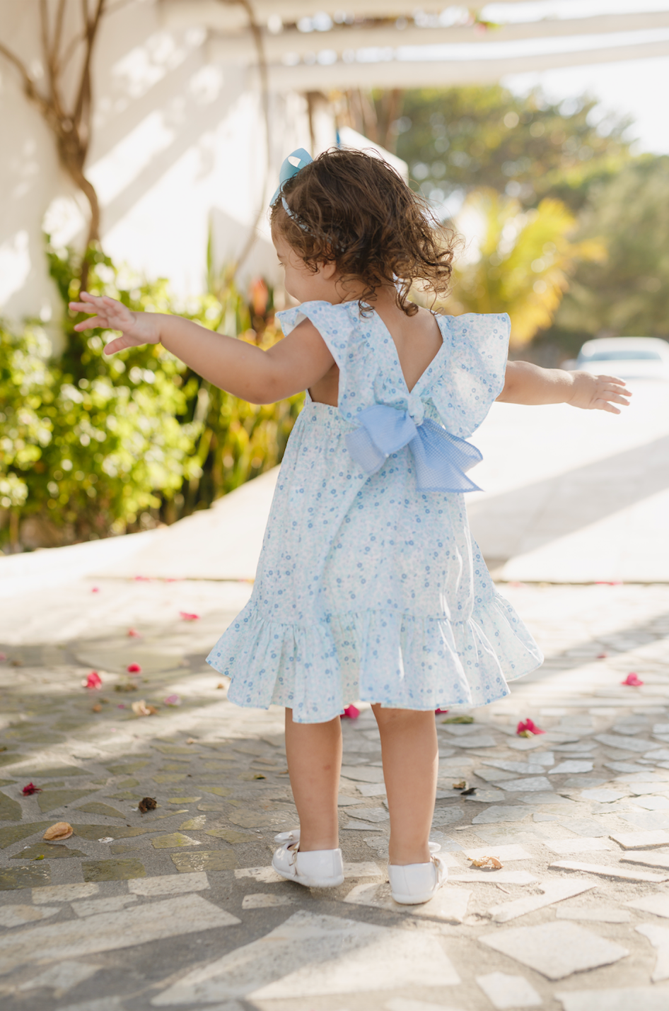 blue floral smocked dress Border Print Blue Floral Smocked Dress