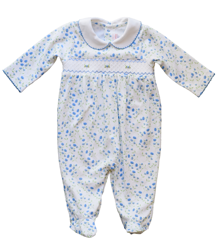 Pineapple Sunshine Arabella hand smocked footie in blue floral