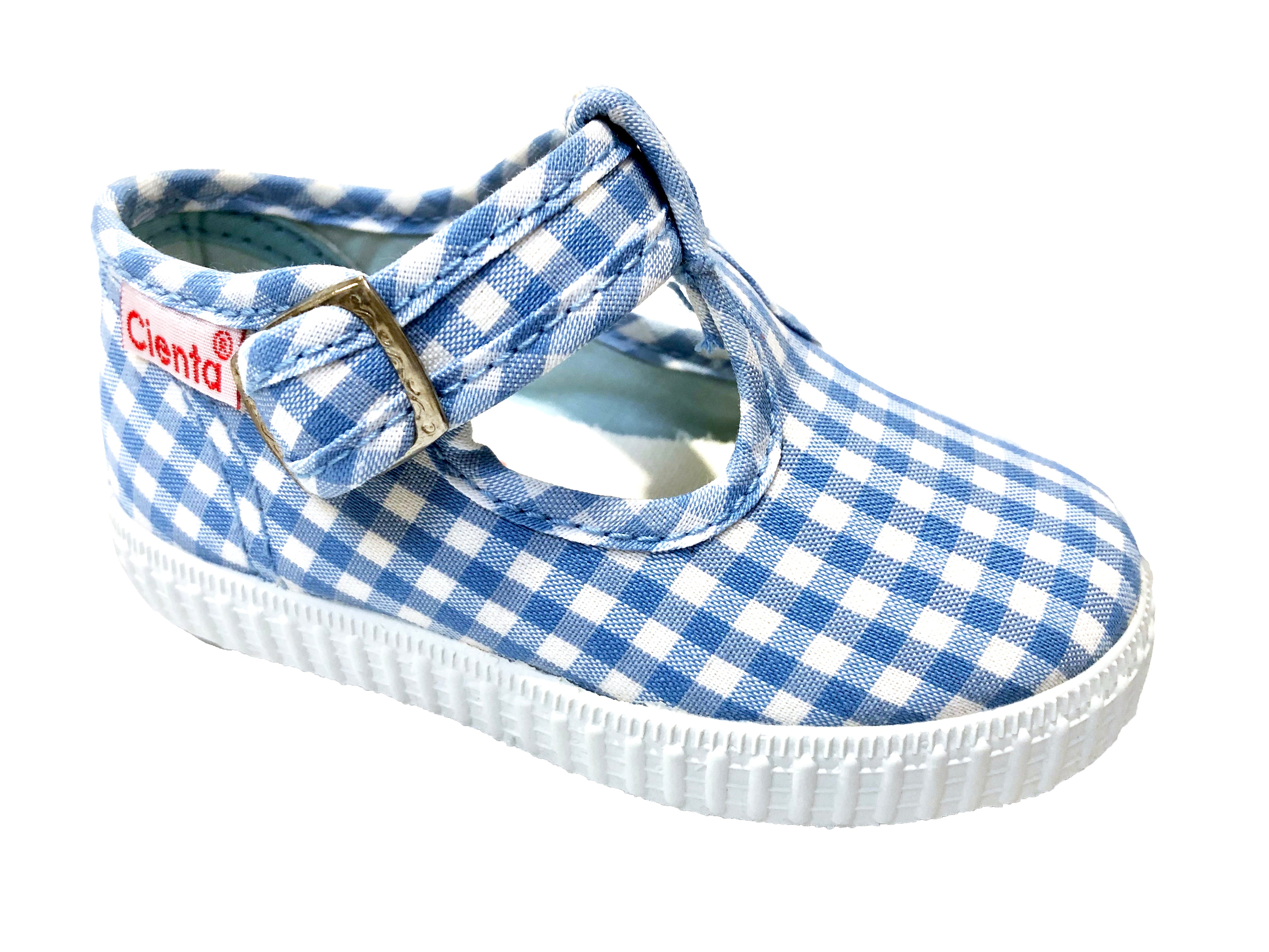 Cienta shoe light blue gingham t-strap