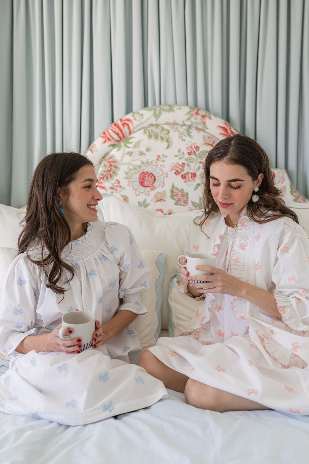 RUCHED COTTON EMBROIDERED LONG SLEEVE NIGHTGOWN