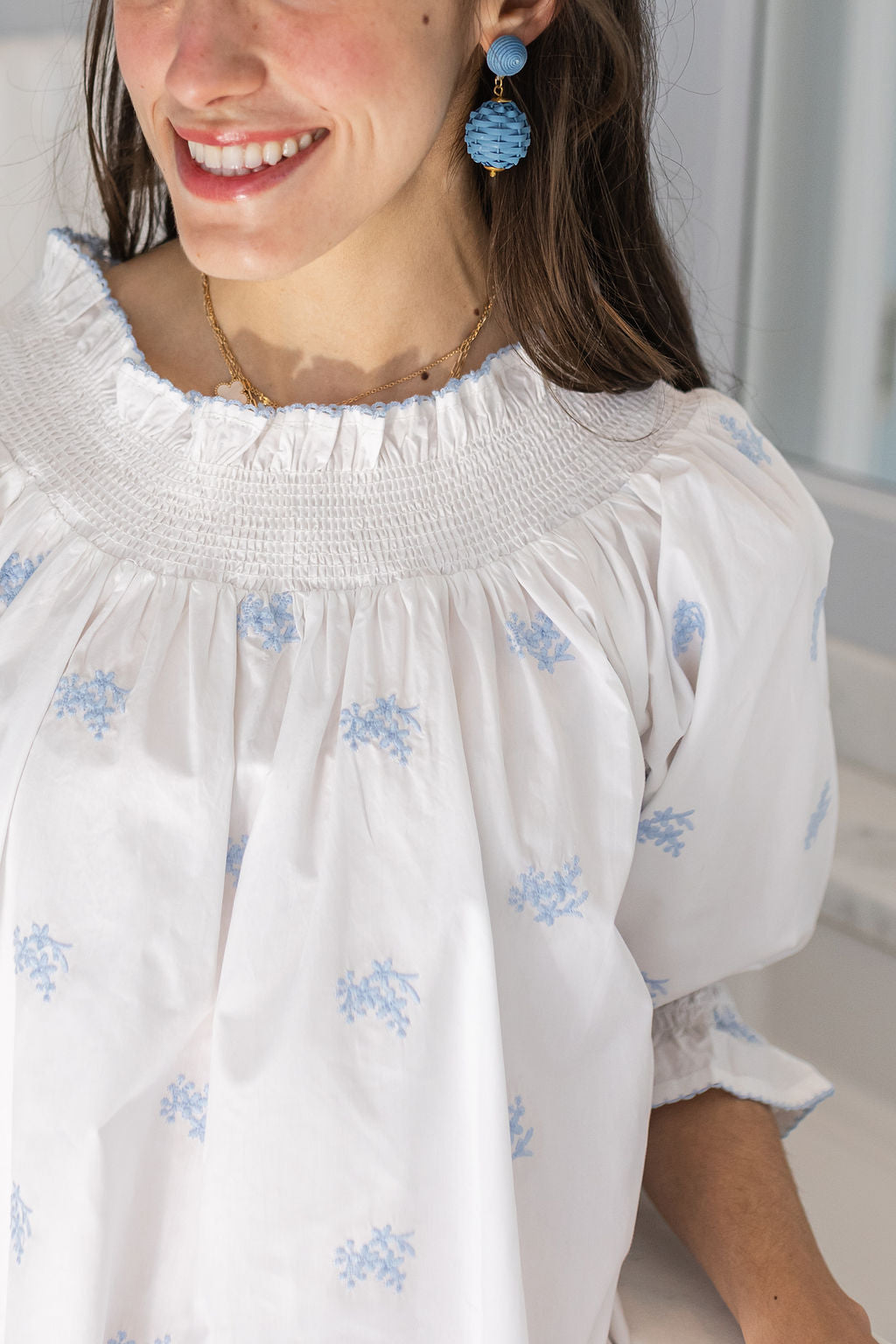 RUCHED COTTON EMBROIDERED LONG SLEEVE NIGHTGOWN