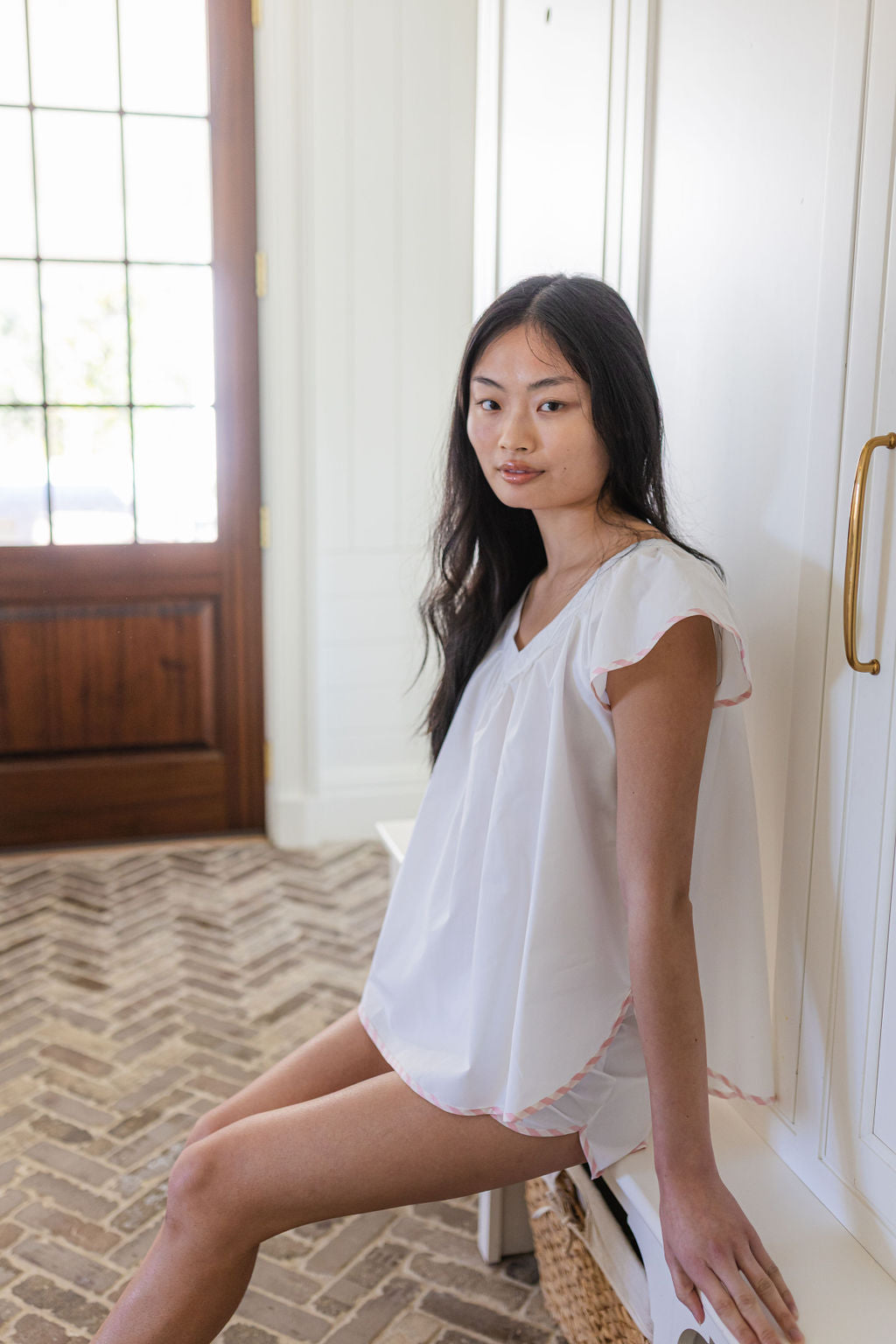 SCALLOPED TAPE TRIM COTTON SHORT PAJAMAS