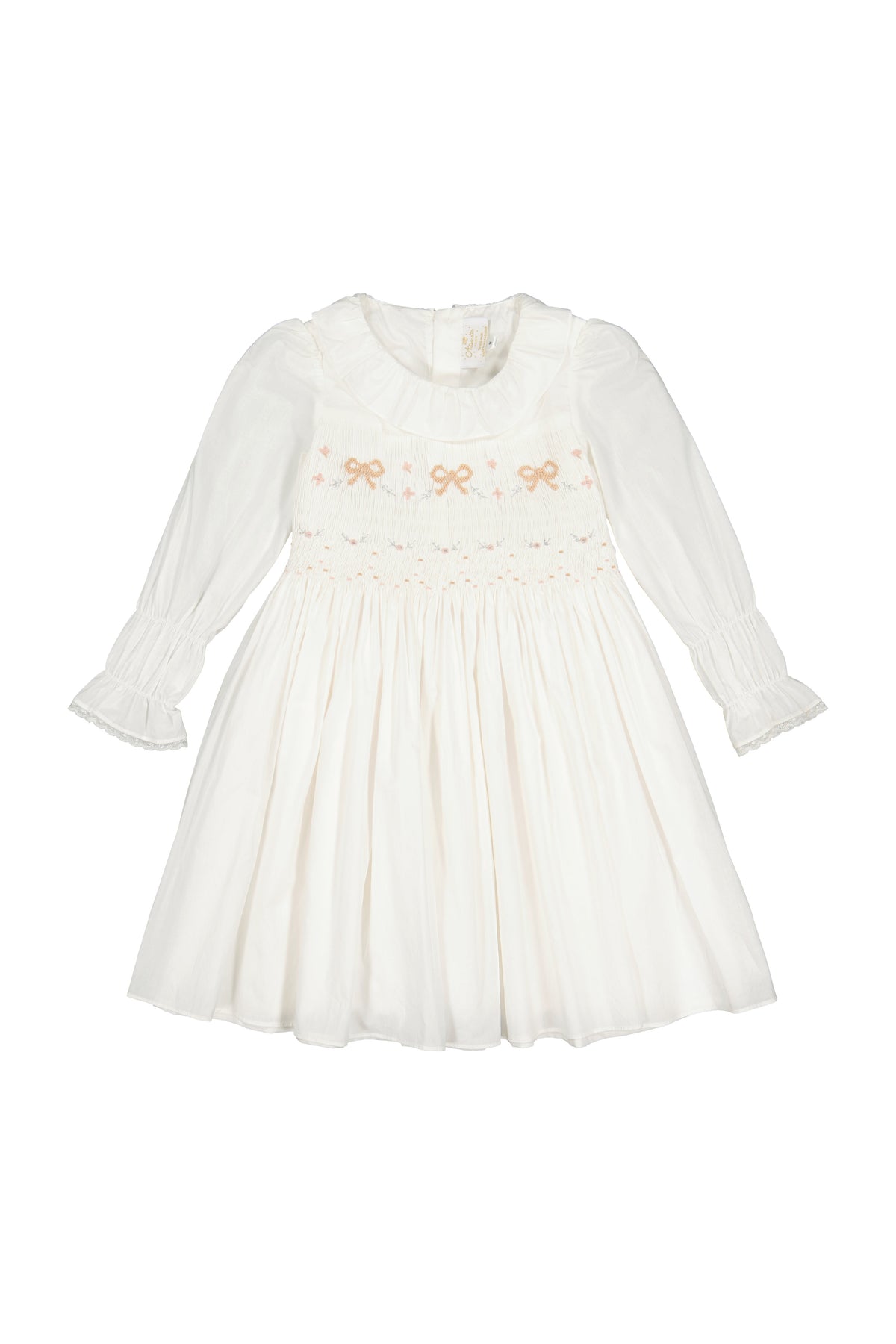 Antoinette Paris MARIE ANTOINETTE WHITE SMOCKED DRESS  long sleeve cotton embroidered with bows- Little Birdies children's boutique 
