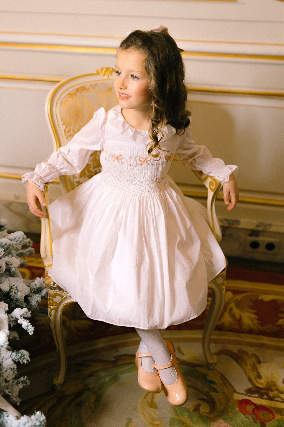 Antoinette Paris MARIE ANTOINETTE WHITE SMOCKED DRESS  long sleeve cotton embroidered with bows- Little Birdies children's boutique