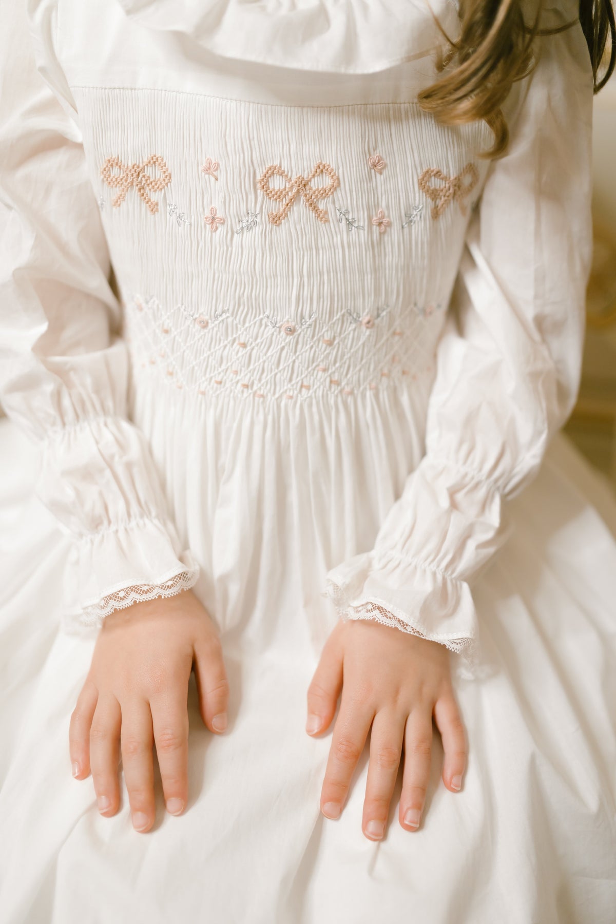 Antoinette Paris MARIE ANTOINETTE WHITE SMOCKED DRESS  long sleeve cotton embroidered with bows- Little Birdies children's boutique