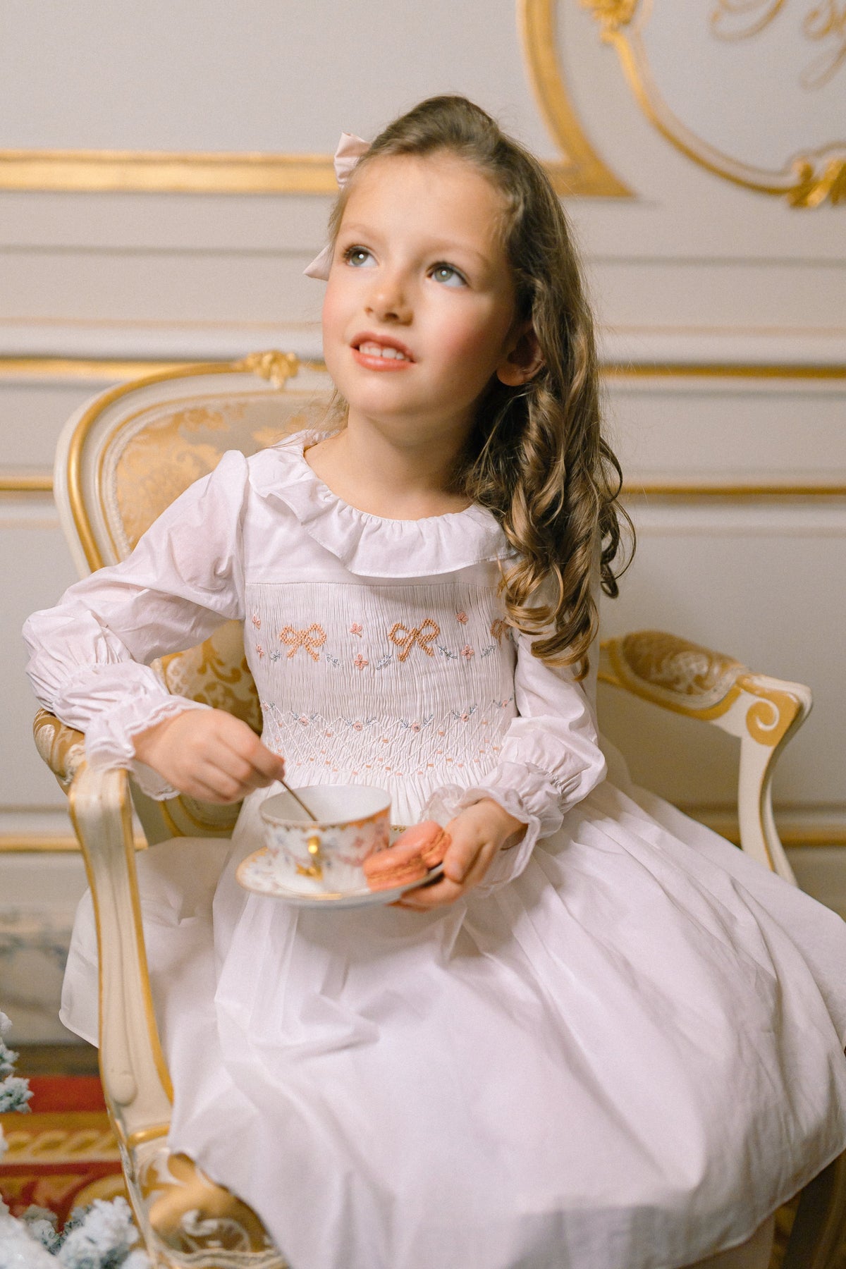 Antoinette Paris MARIE ANTOINETTE WHITE SMOCKED DRESS  long sleeve cotton embroidered with bows- Little Birdies children's boutique