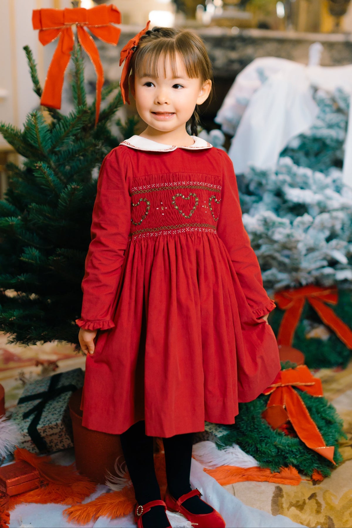 Antoinette Paris SARAH RUBY SMOCKED DRESS Red embroidered long sleeve holiday dress - Little Birdies