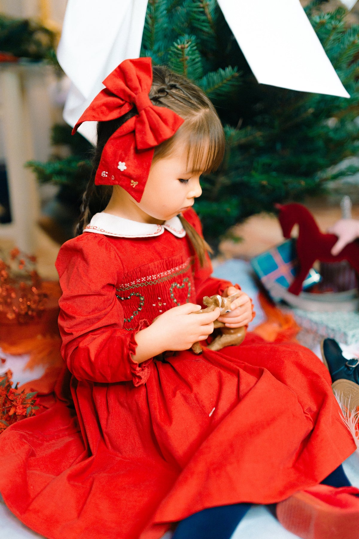 Antoinette Paris SARAH RUBY SMOCKED DRESS Red embroidered long sleeve holiday dress - Little Birdies