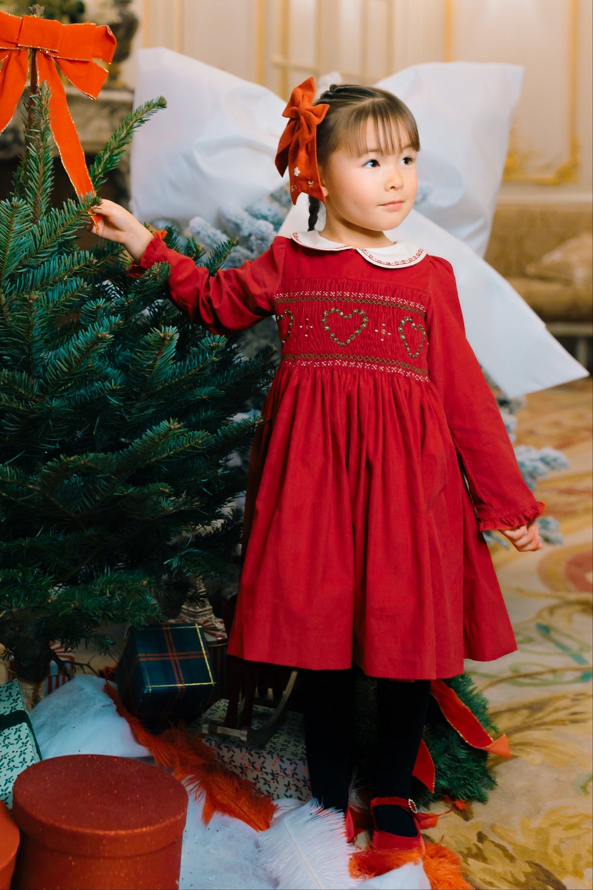 Antoinette Paris SARAH RUBY SMOCKED DRESS Red embroidered long sleeve holiday dress - Little Birdies
