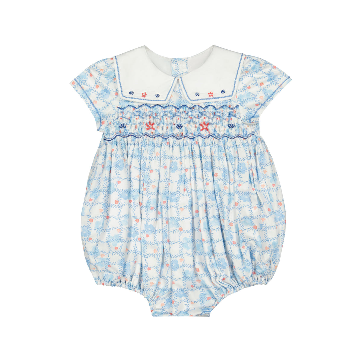 Antoinette Paris riviera-blue-floral-smocked-bubble-romper-Little Birdies