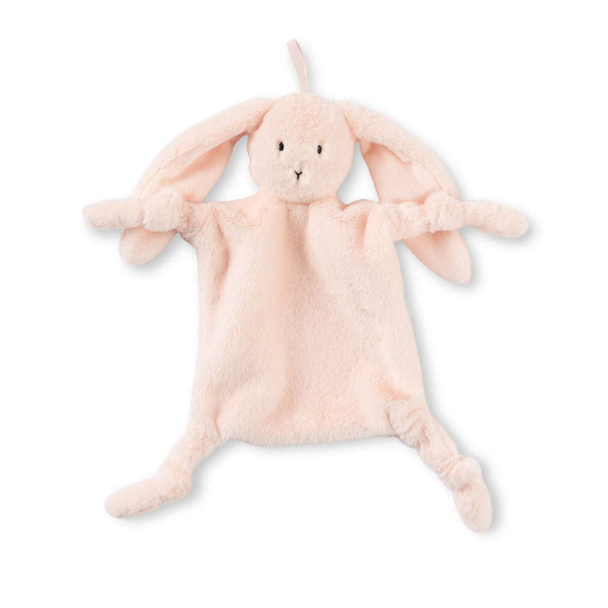 A plush toy in the shape of a bunny, made of soft faux fur in pink color, with a pacifier loop on top. Pacifier Buddy Betty the Bunny- little birdies boutique gift sets