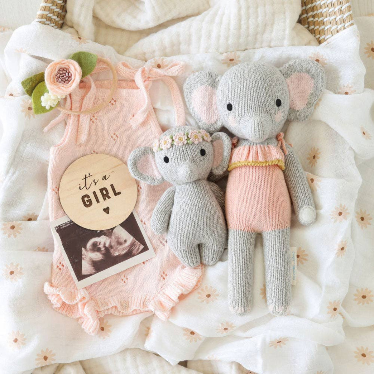 Cuddle + Kind knit baby elephant stuffed animal with flower crown Baby Elephant (blush floral) - Little Birdies Boutique Gift bundles