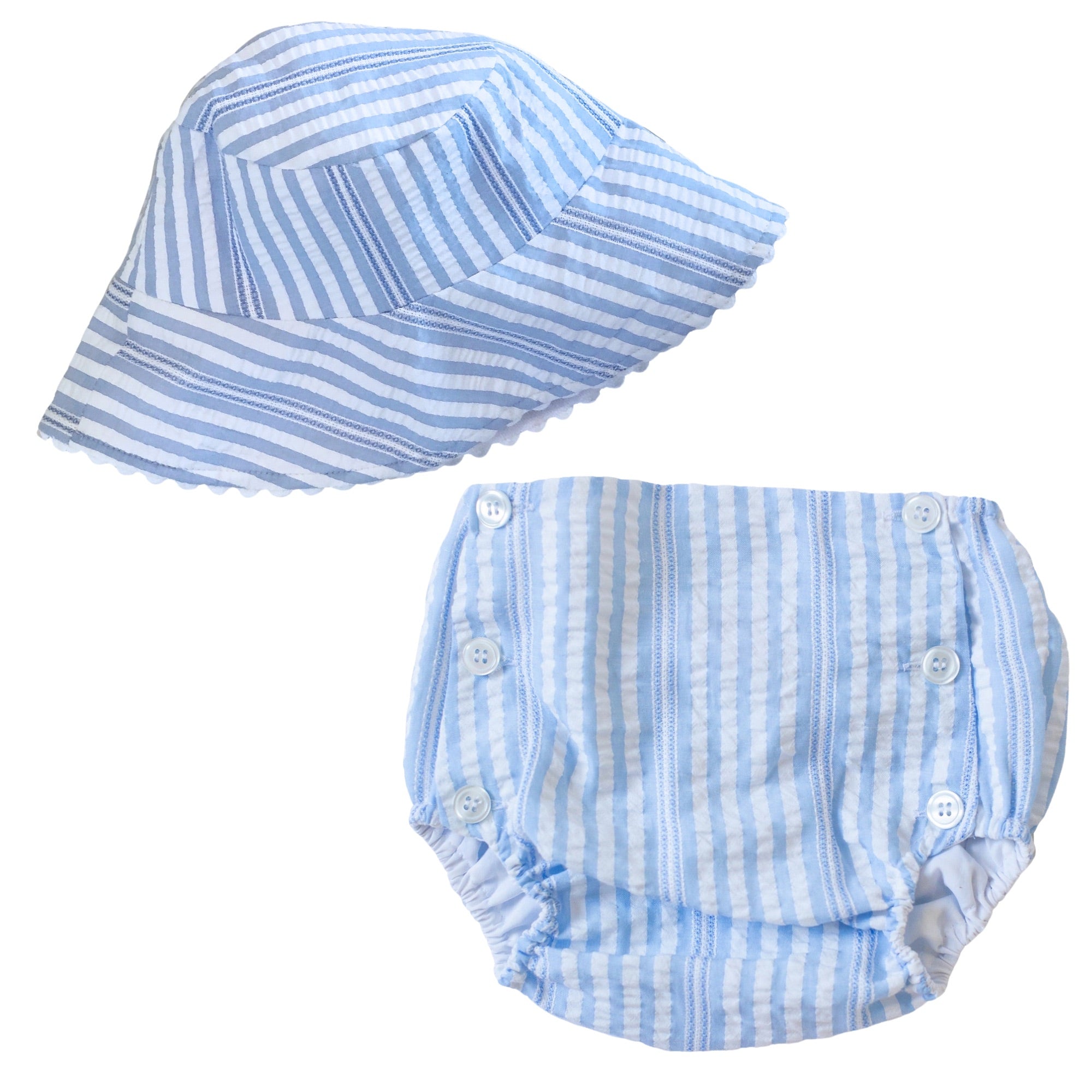 Peggy Green Boy's Diaper Cover and Hat Set- Bahama Blue Seersucker - Little Birdies