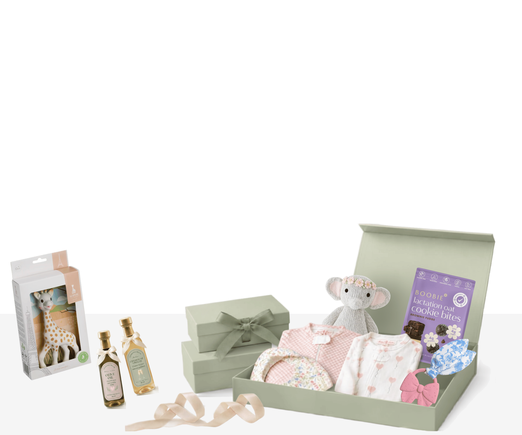 Little Birdies baby gift bundle with Sophie the giraffe, olive oil,
   elephant plush and baby clothes in a sage green gift box