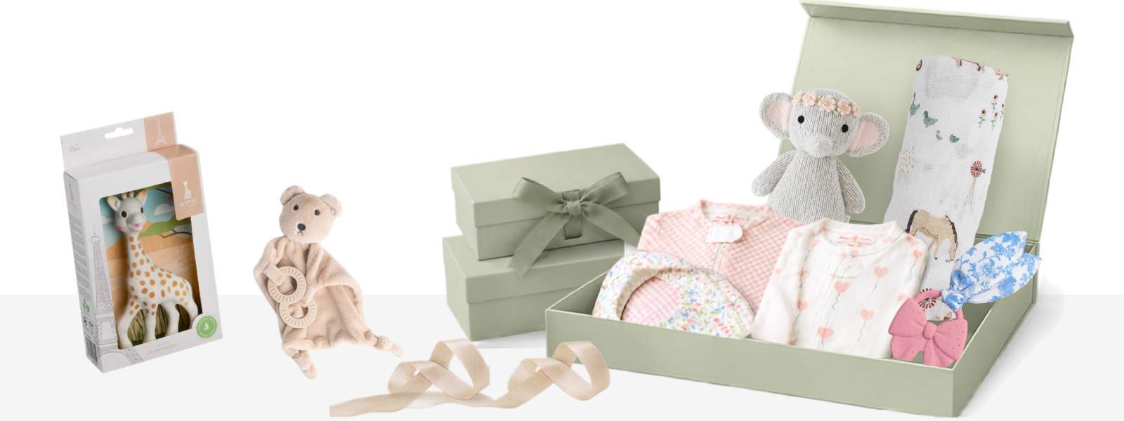 Little Birdies baby gift bundle with Sophie the giraffe, bear
   teether, elephant plush, baby clothes and sage green gift boxes