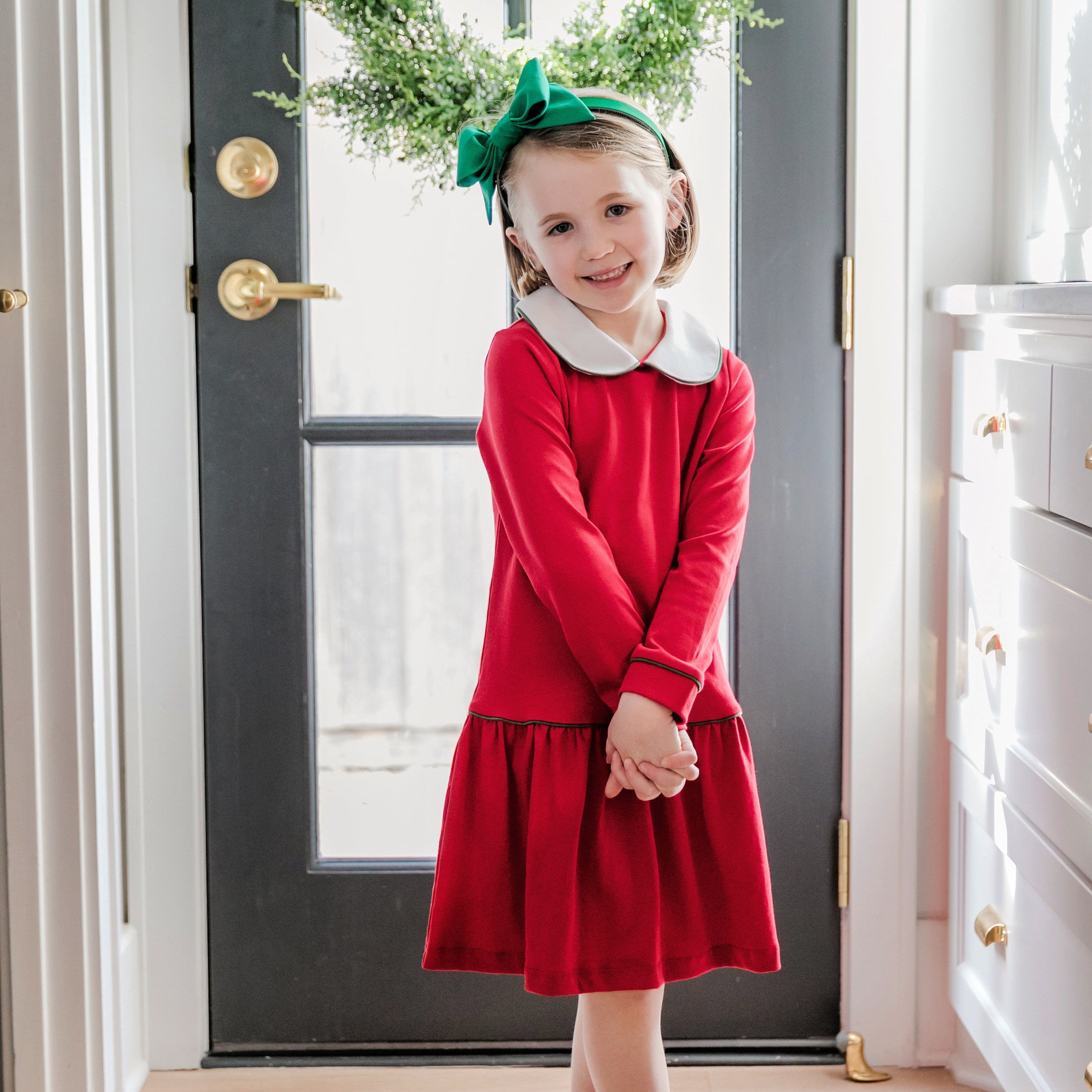 Lillian Girls' Dress Red with Green Piping