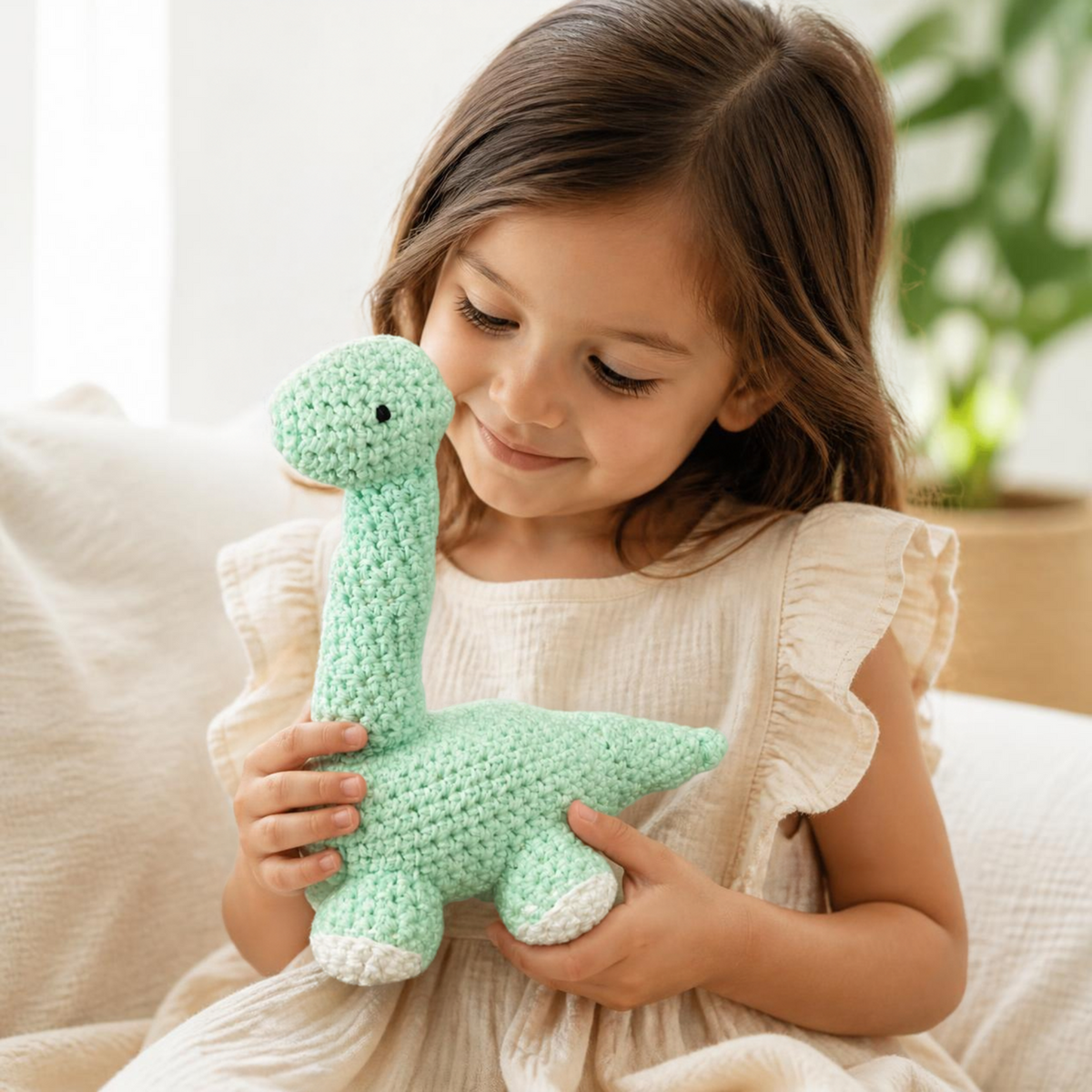 Hooked and Loopy Diplodocus Dinosaur - Mint Green Hand knit dino baby toy - LIttle Birdies