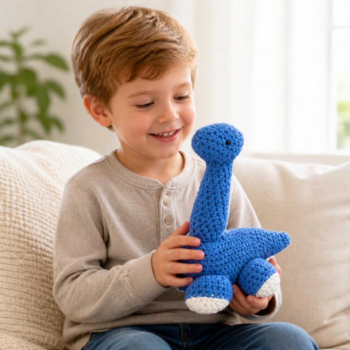 Hooked and Loopy Knit Diplodocus Dinosaur Toy- Blue - Little Birdies