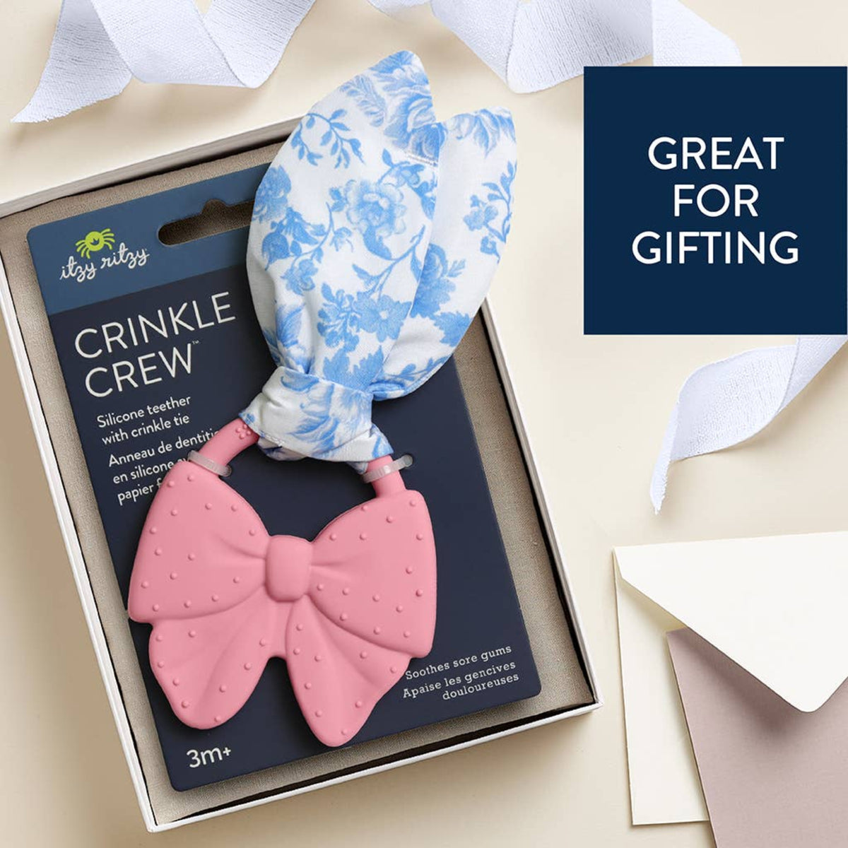 Itzy Ritzy pink silicone bow teether Crinkle Crew™ Bow - Little Birdies Boutique children's store