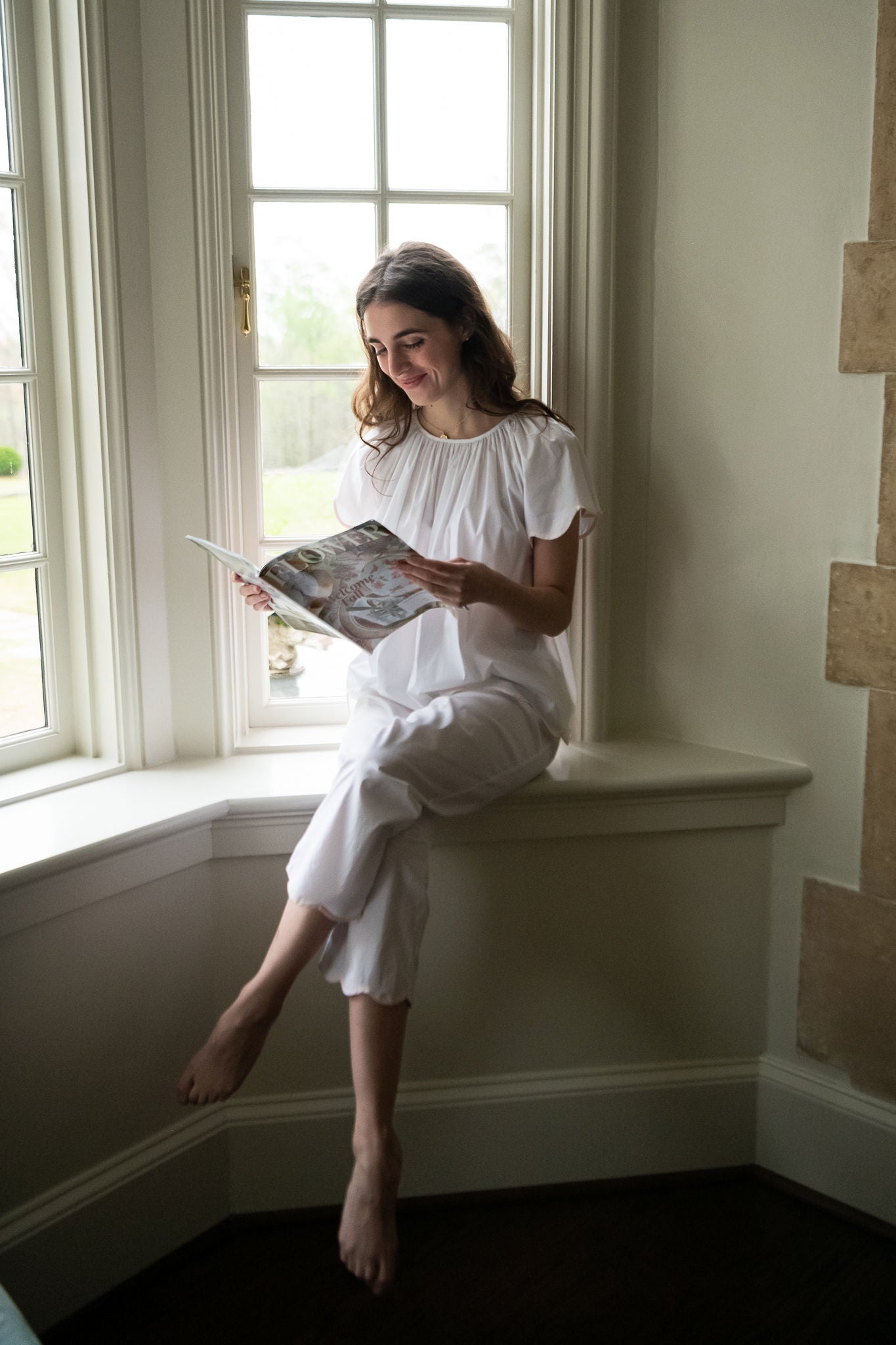 SCALLOPED TAPE TRIM COTTON SHORT SLEEVE PAJAMAS