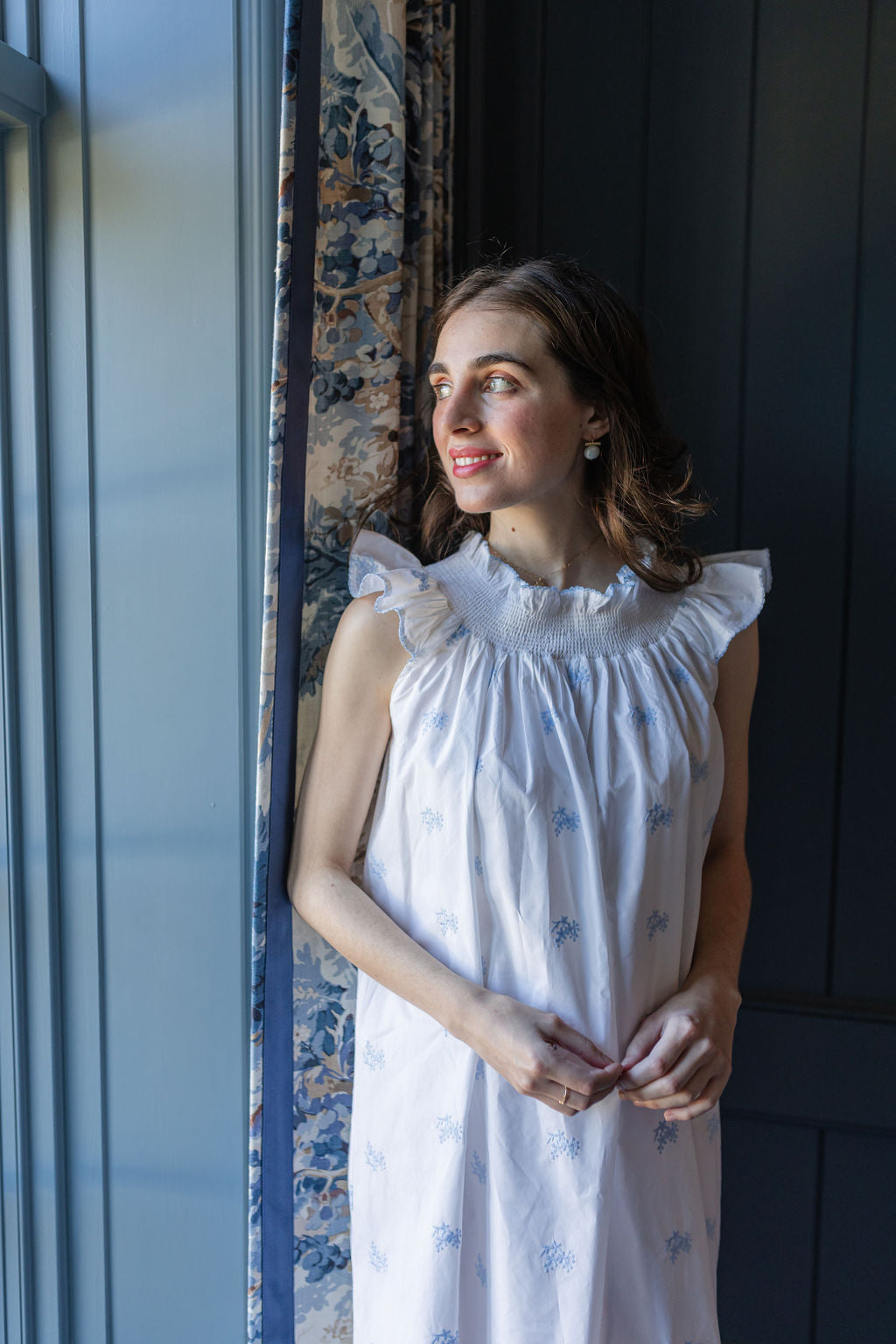 RUCHED COTTON EMBROIDERED NIGHTGOWN