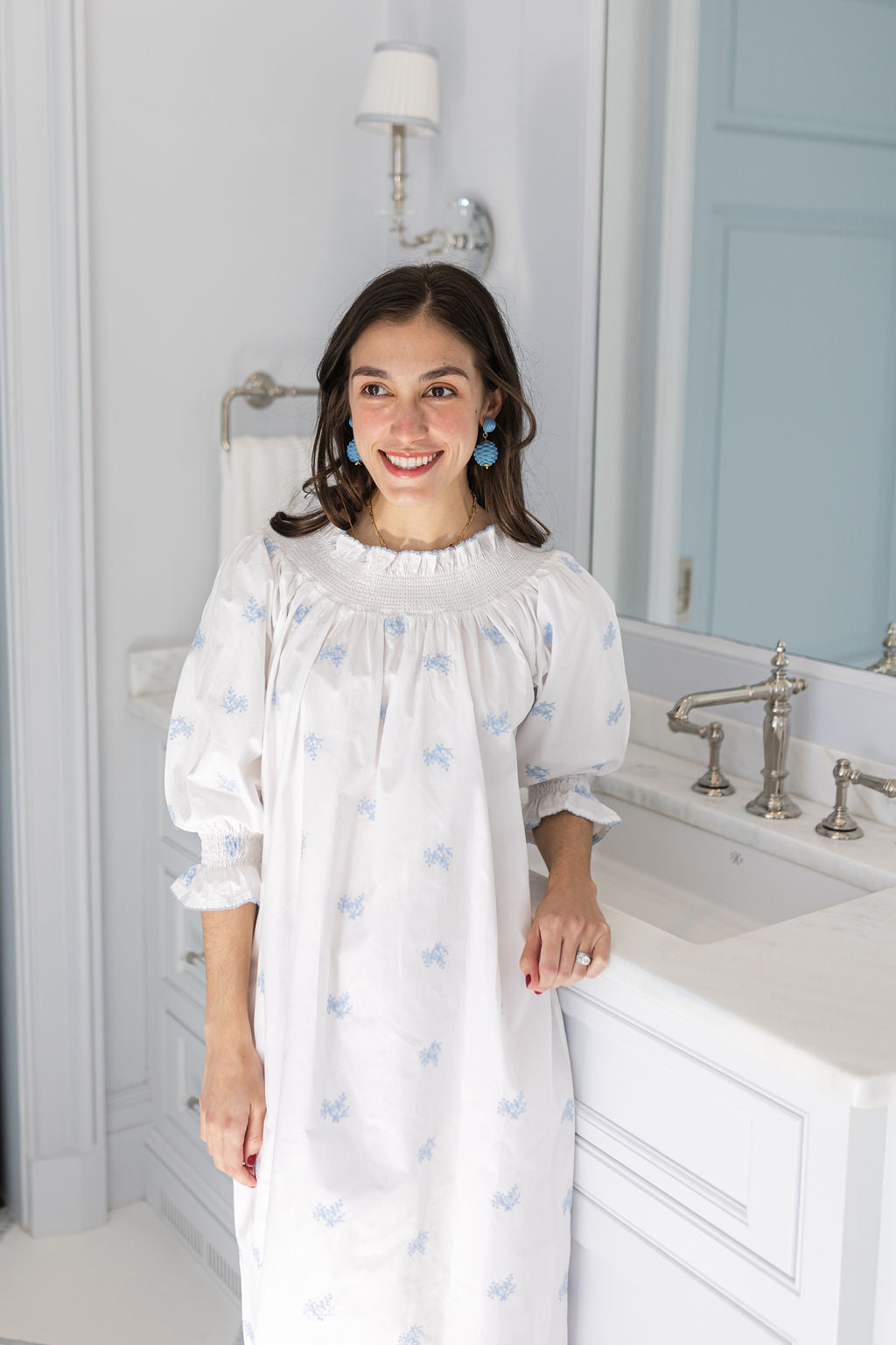 RUCHED COTTON EMBROIDERED LONG SLEEVE NIGHTGOWN