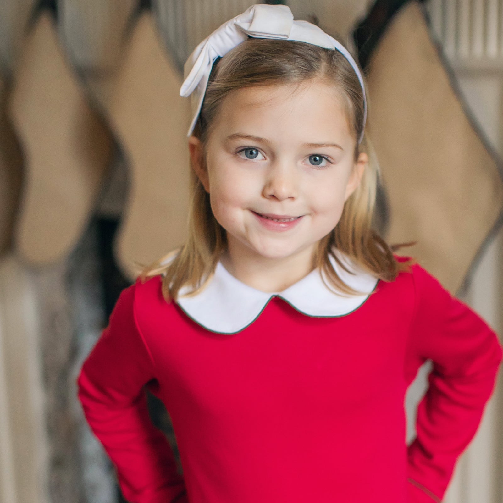 Lillian Girls' Dress Red with Green Piping