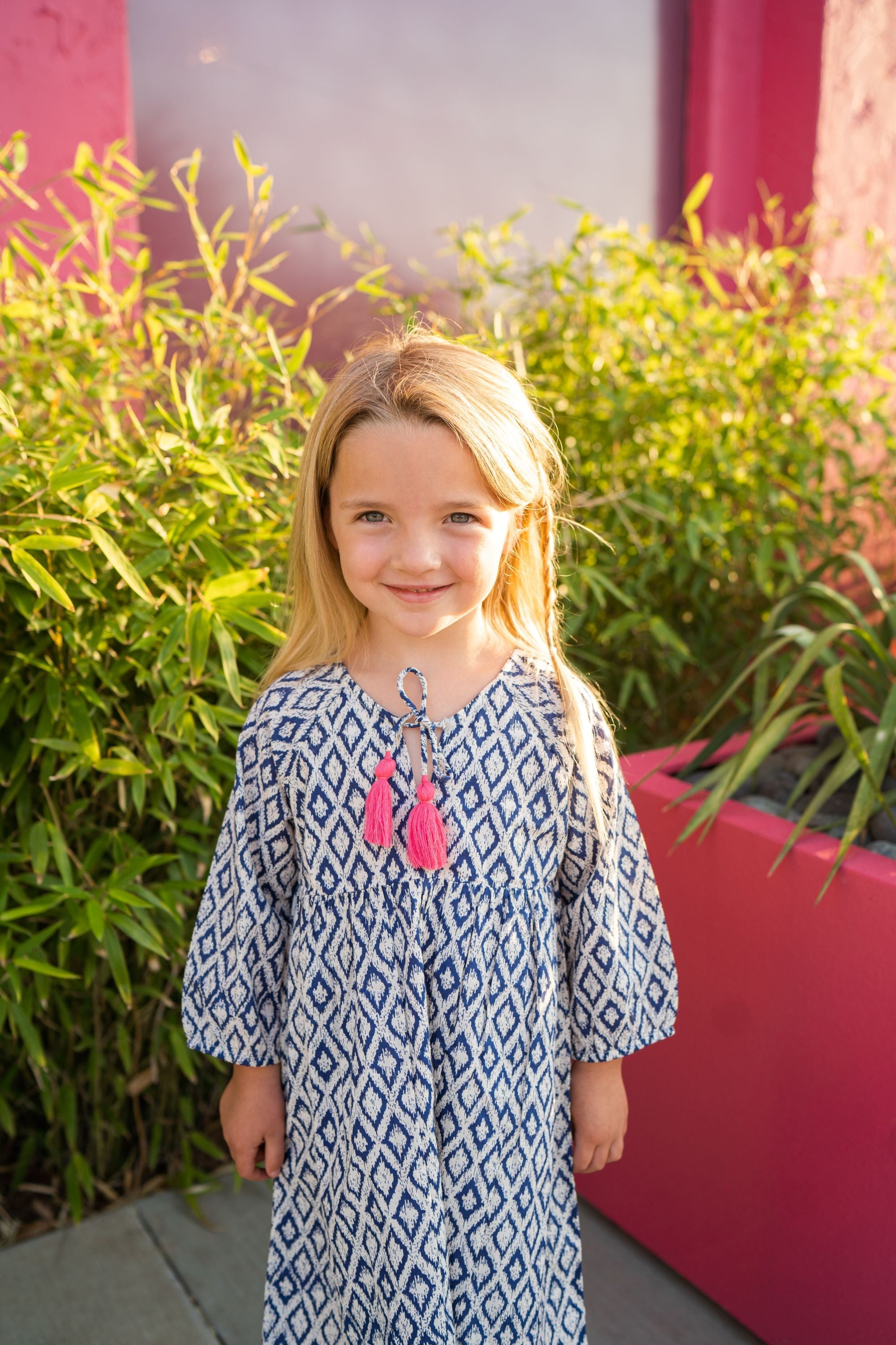 Sara Girl's Popover Dress Navy Ikat