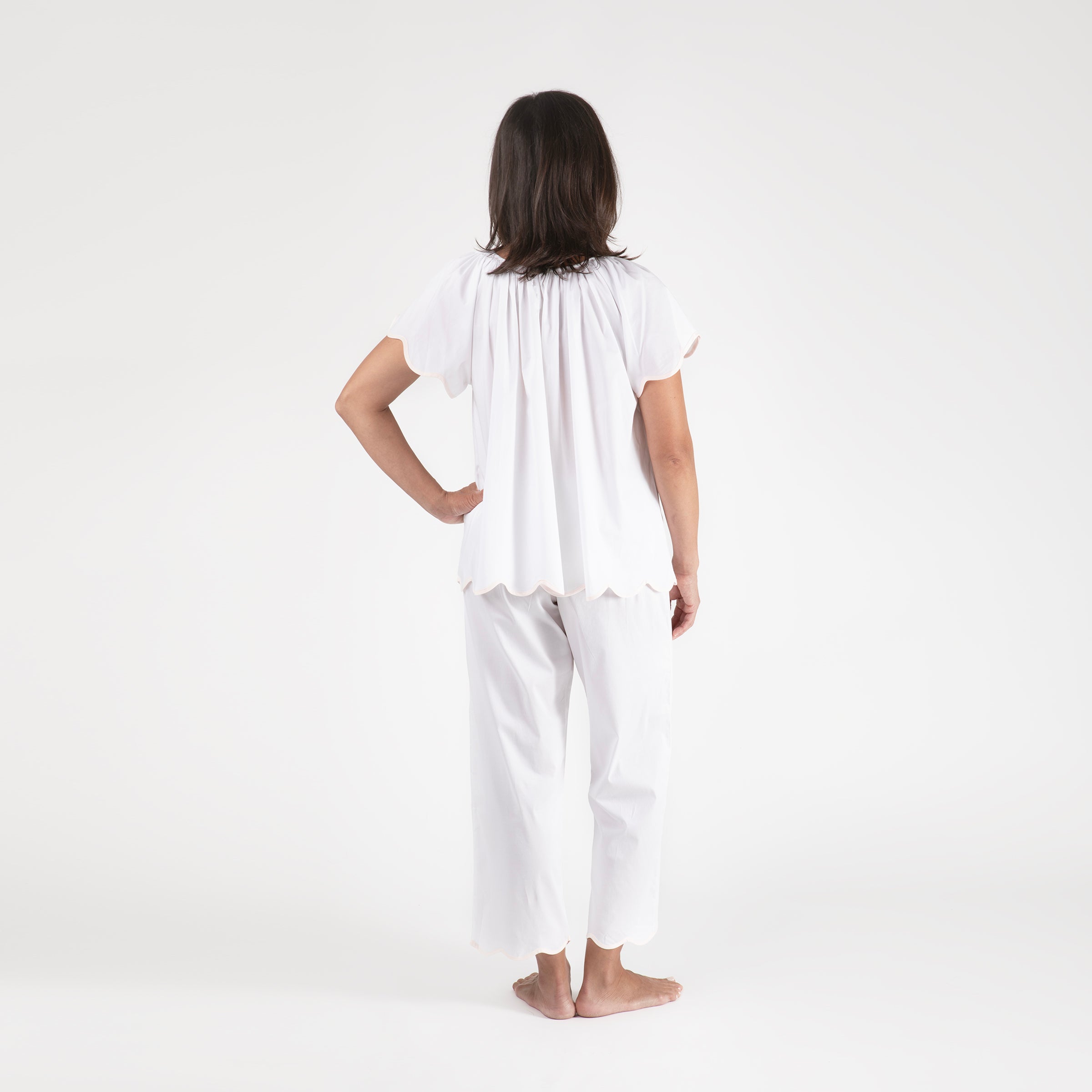 SCALLOPED TAPE TRIM COTTON SHORT SLEEVE PAJAMAS